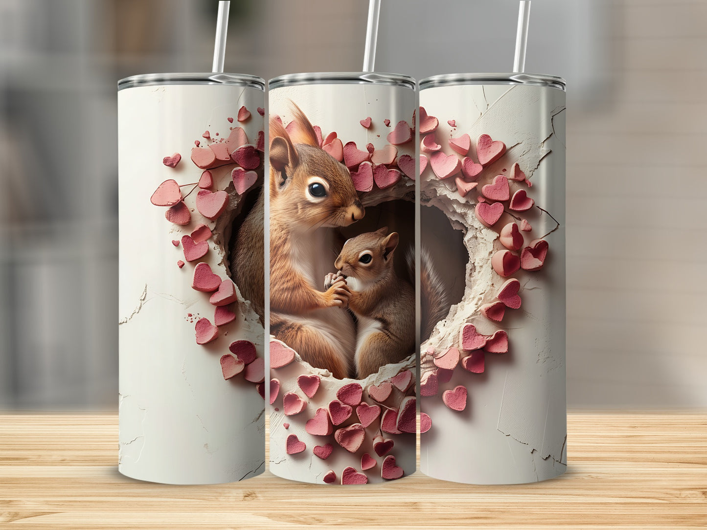 Three tumblers feature squirrels and heart-shaped confetti.