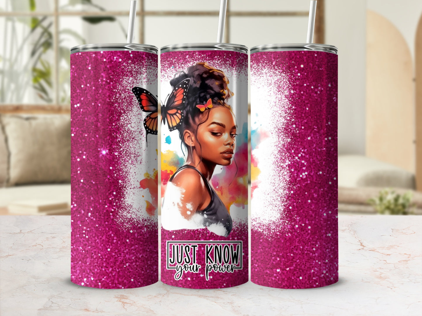 Woman with butterfly in hair, glitter, text "JUST KNOW your power".