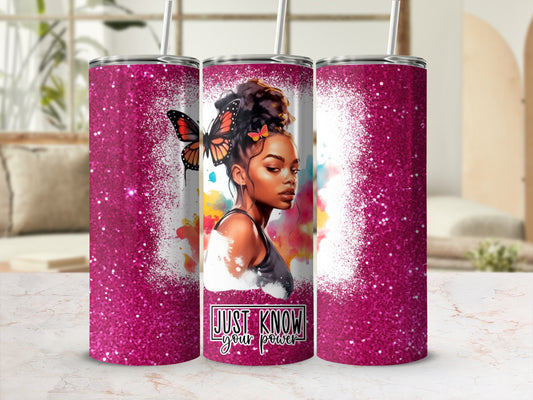 Woman with butterfly in hair, glitter, text "JUST KNOW your power".