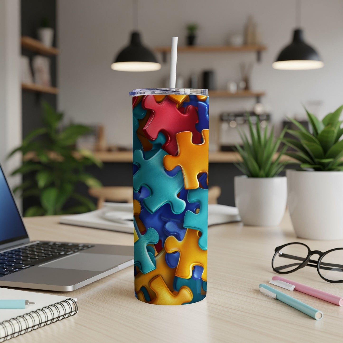Tumbler covered in colorful interlocking puzzle pieces.