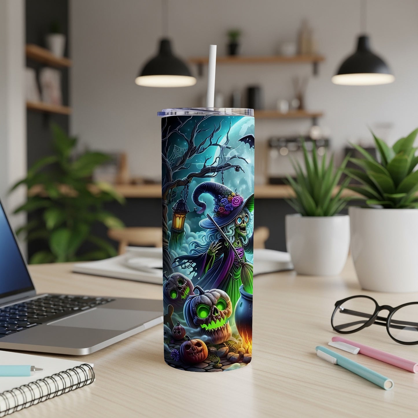 Tumbler with spooky witch, pumpkins, and bats on a moonlit Halloween night.