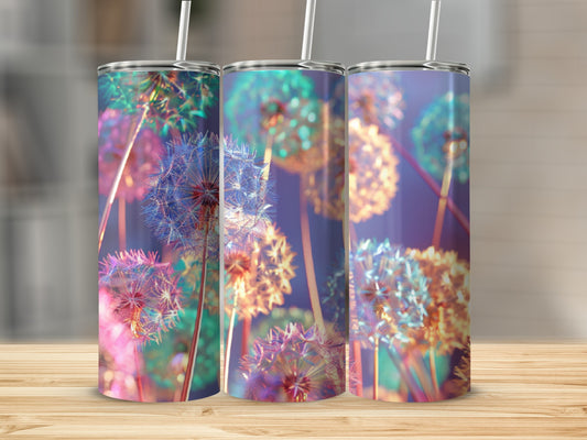 Three tumblers with dandelion graphics in vibrant pinks, blues, and yellows.