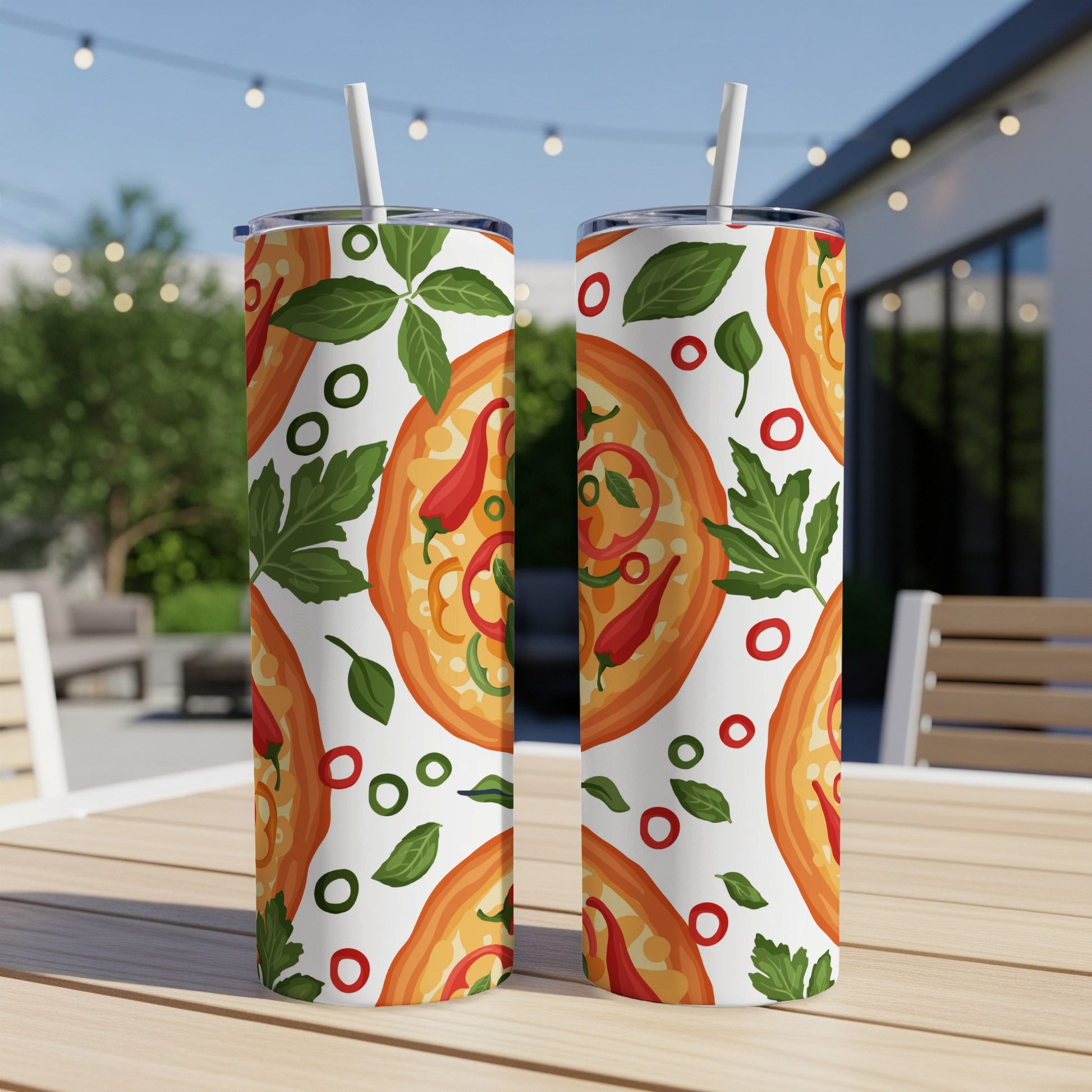 Two tumblers with a repeating pattern of pizza slices, chilies, and herbs.
