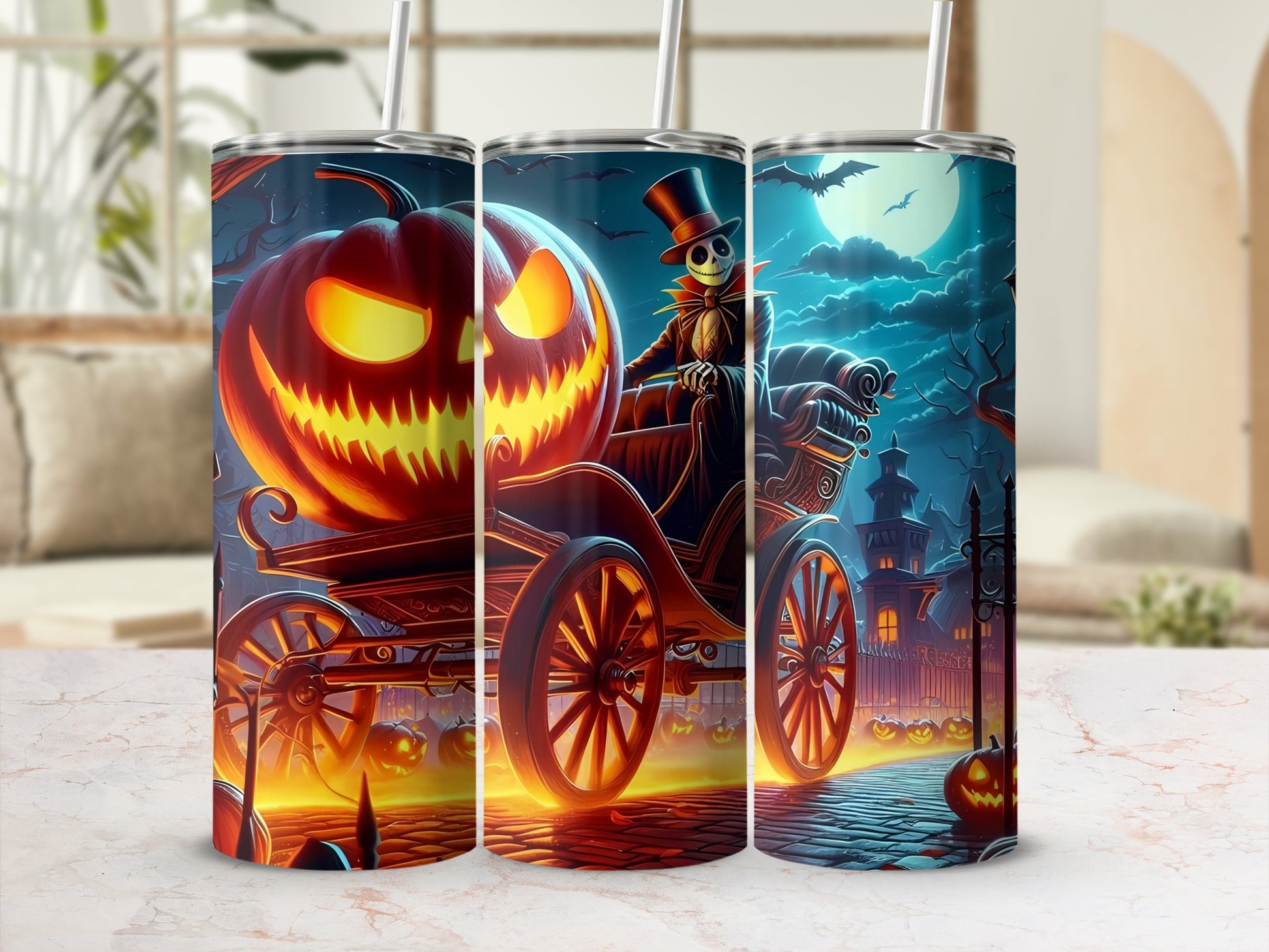 Halloween tumblers with a grinning pumpkin carriage and skeleton driver in a spooky landscape.