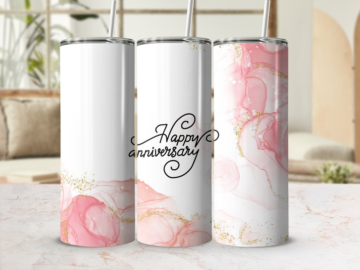 White tumbler with pink marble pattern and "Happy Anniversary" text.