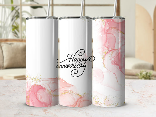White tumbler with pink marble pattern and "Happy Anniversary" text.