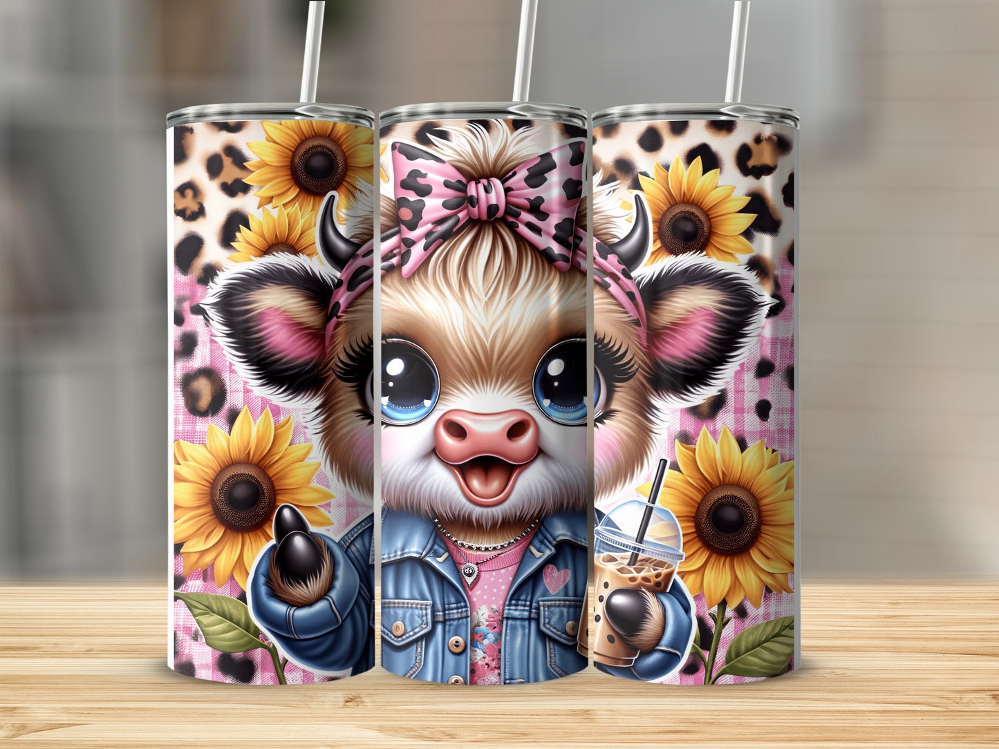 Cute cow with sunflowers on a leopard print tumbler.