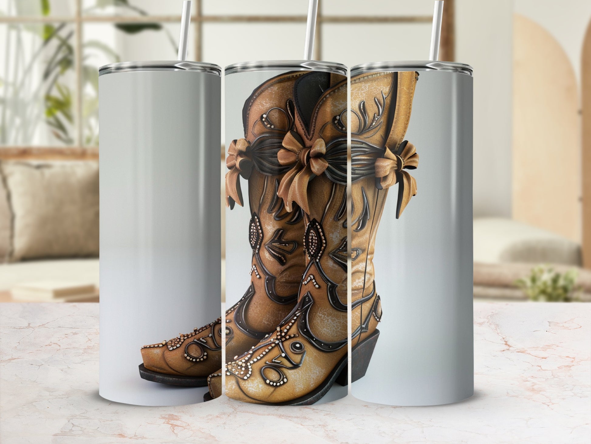 Three cowboy boots with floral and bejeweled embellishments.