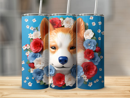Corgi dog face with floral wreath design on blue tumbler with straws.