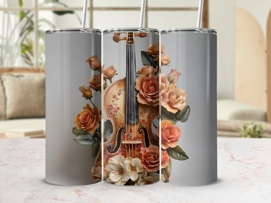 Tumbler featuring a violin surrounded by roses and floral accents.