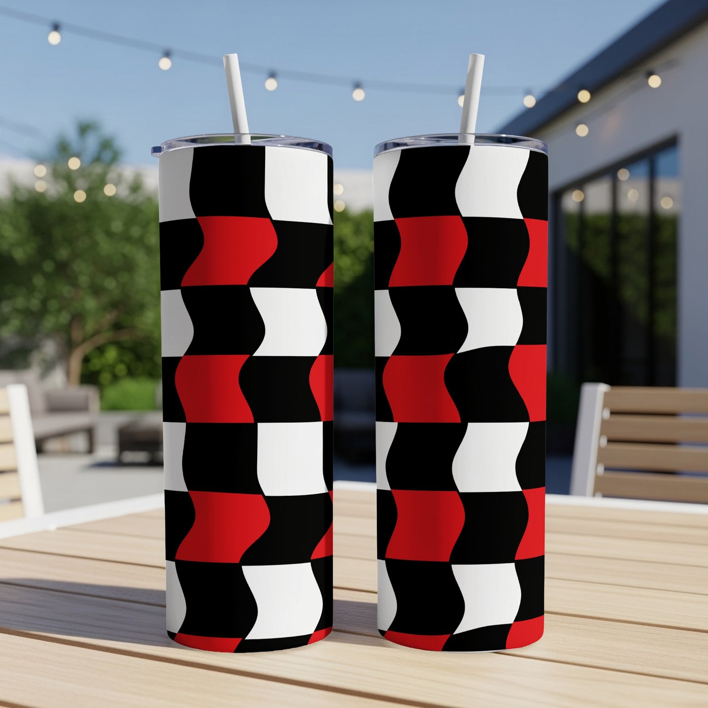 Two tall tumblers with a black, red, and white checkered wave pattern.
