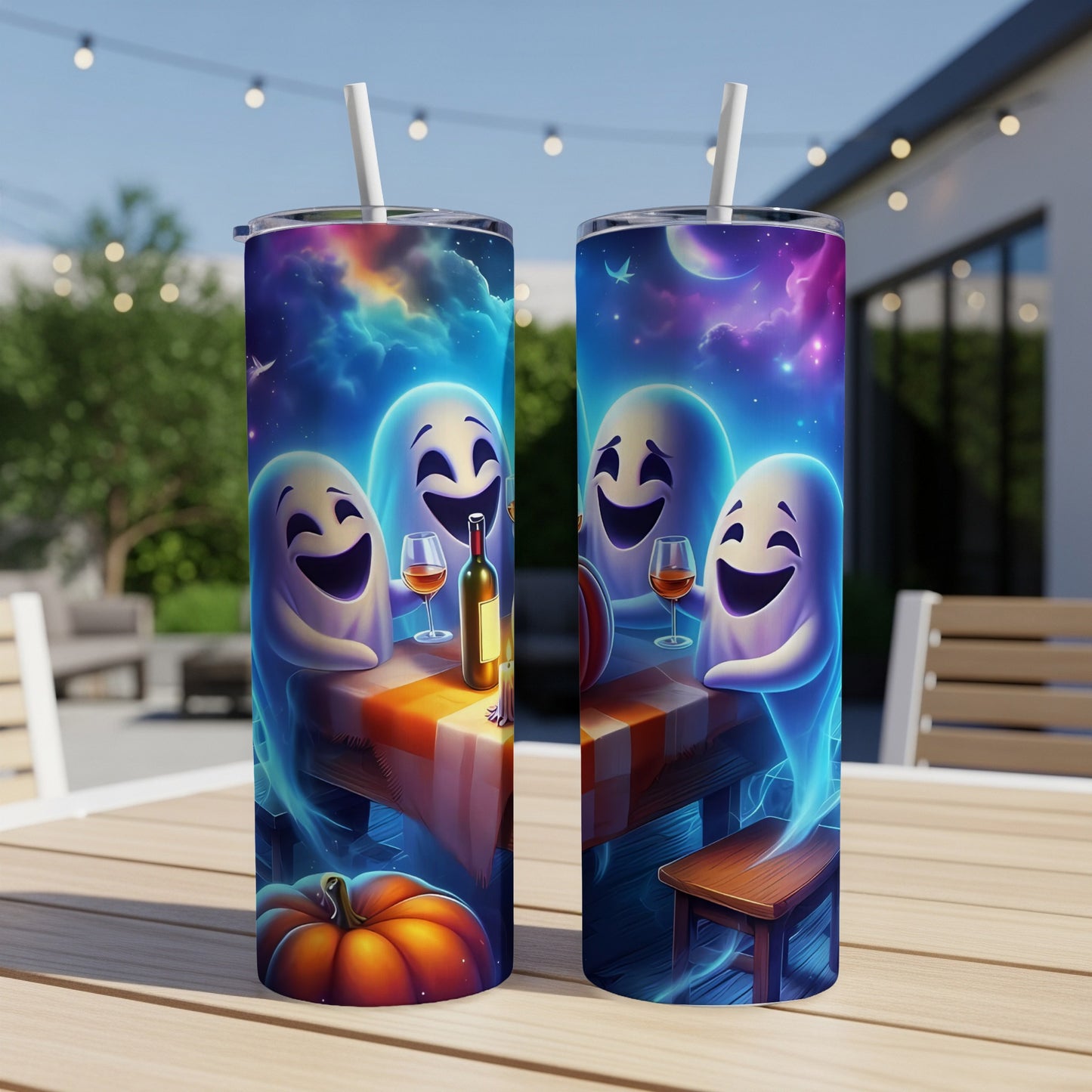 Two tumblers with laughing ghosts, wine, and a pumpkin on a starry background.