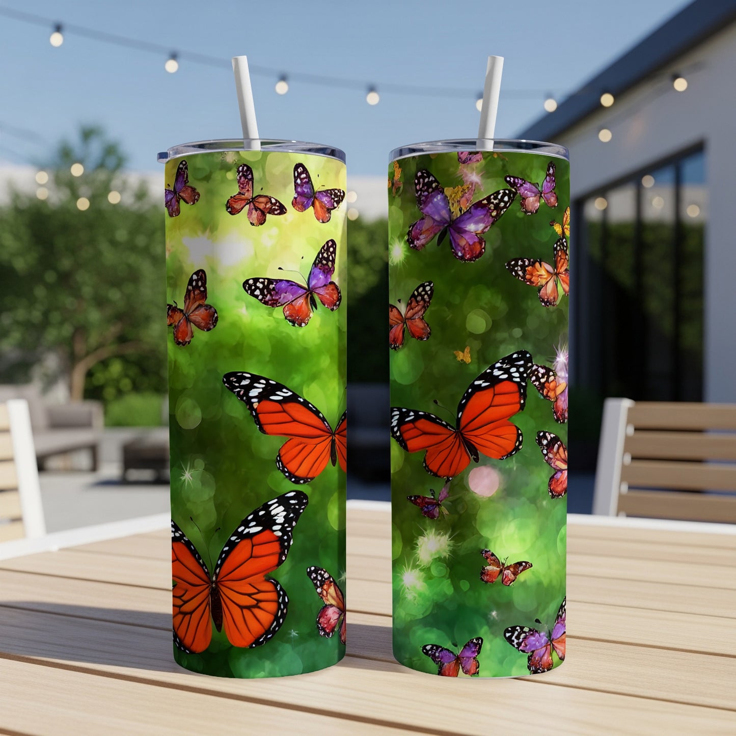 Two tumblers with vibrant orange and purple butterflies on a green, bokeh background.