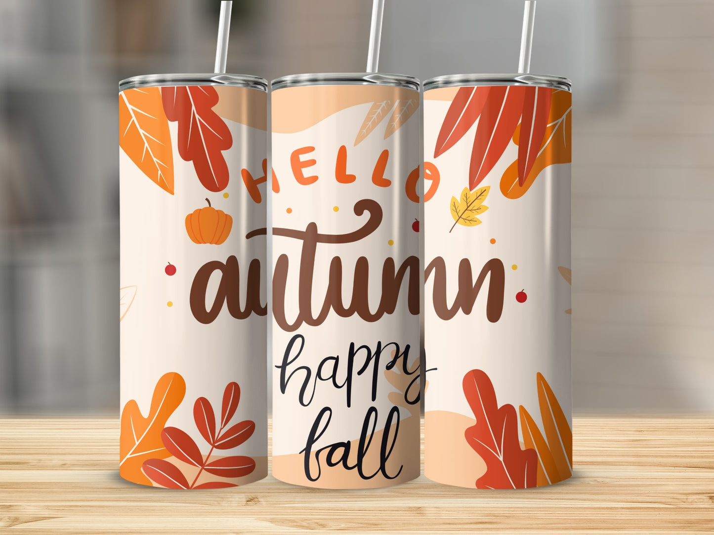Hello Autumn Happy Fall Leaves and Pumpkin Tumbler