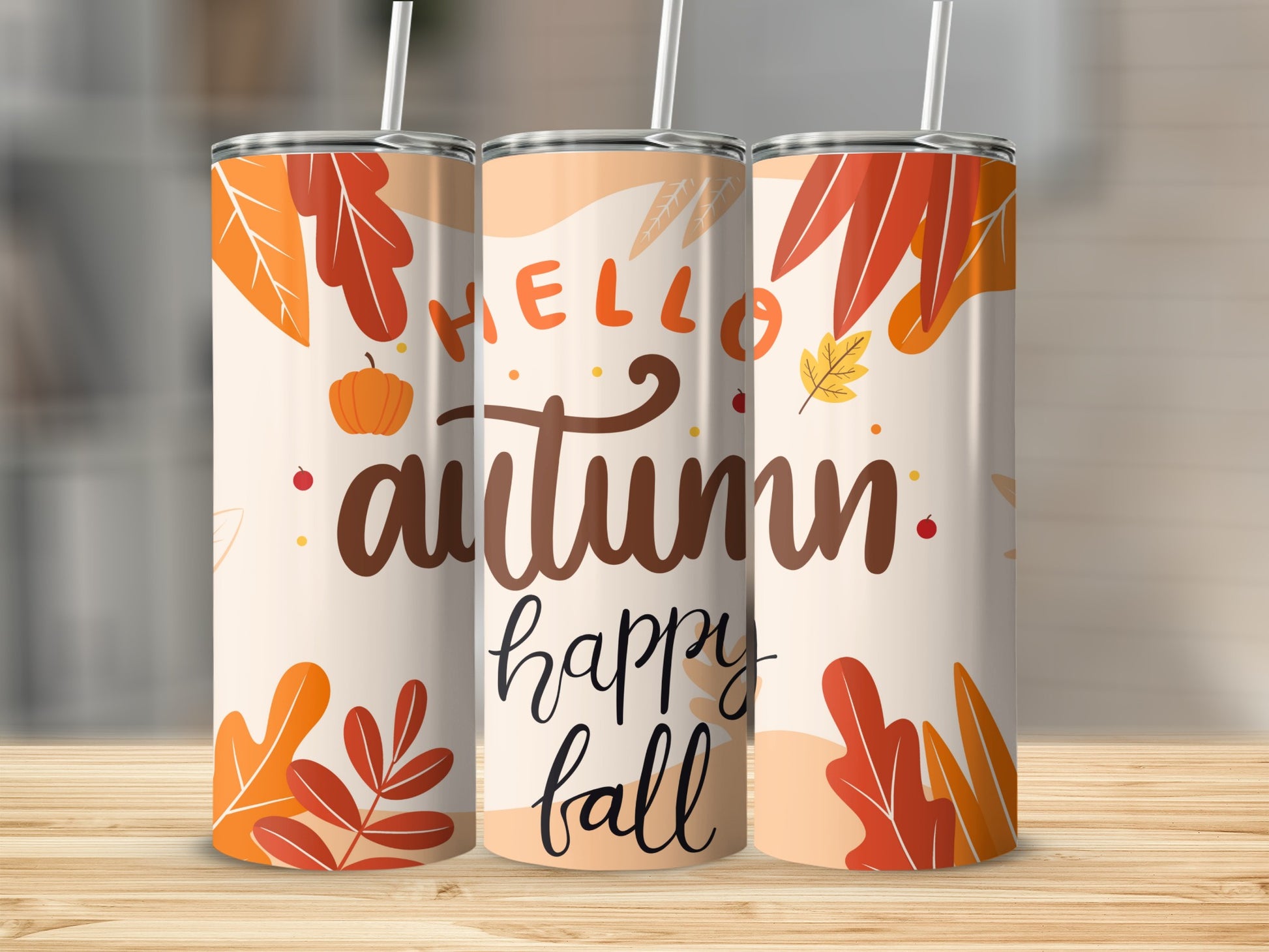 Hello Autumn Happy Fall Leaves and Pumpkin Tumbler