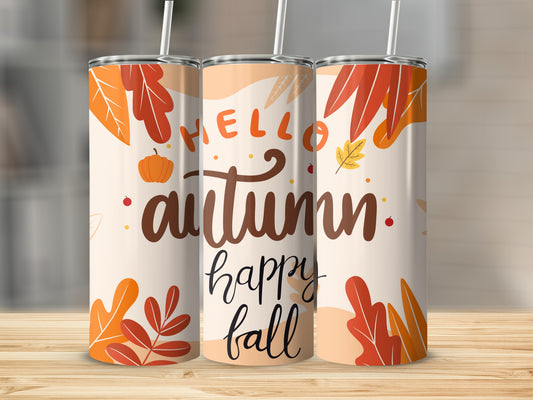 Hello Autumn Happy Fall Leaves and Pumpkin Tumbler
