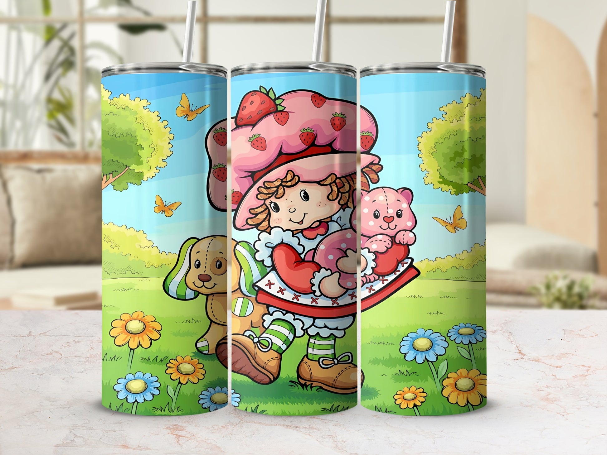 Strawberry Shortcake with dog and bear against a pastel cartoon background.