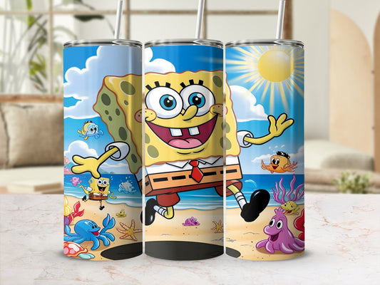SpongeBob SquarePants beach design on three tall tumblers.