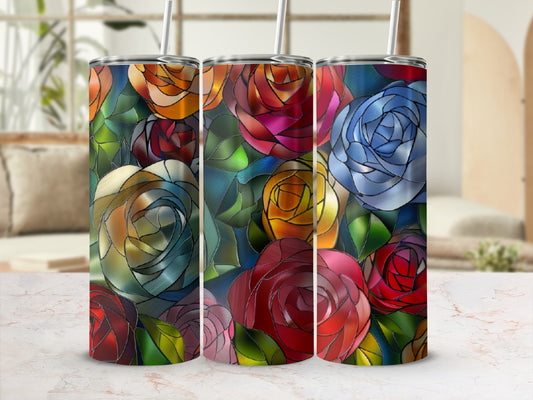 Three tumblers featuring stained glass rose patterns in various colors.