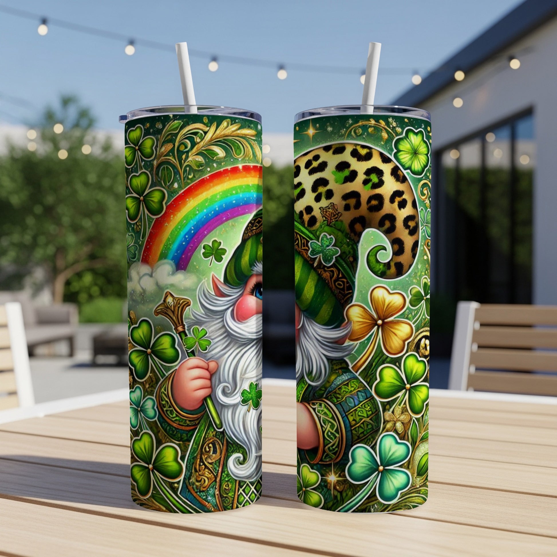 Two Saint Patrick's Day tumblers with gnome and shamrock designs.