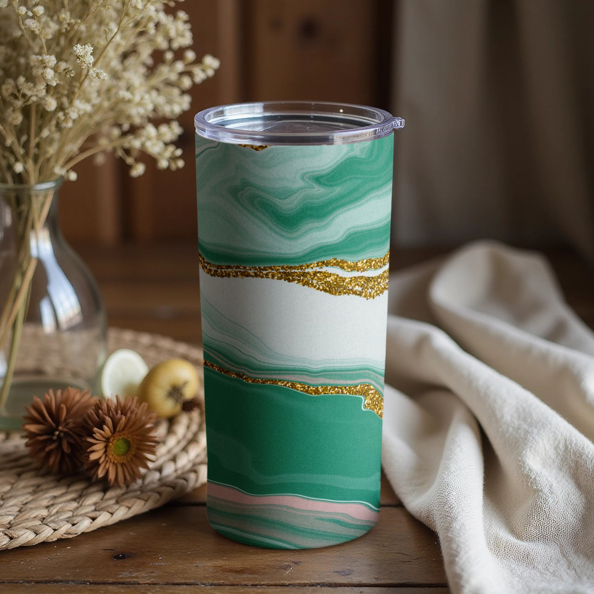Green Marble Gold Accents Tumbler Cup Design
