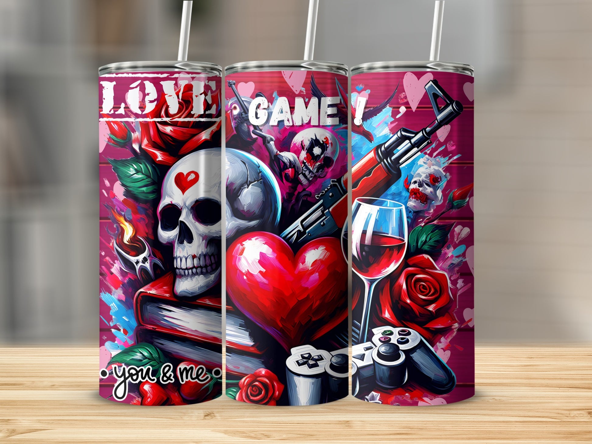 Skull Heart Game Art Love You and Me Tumbler