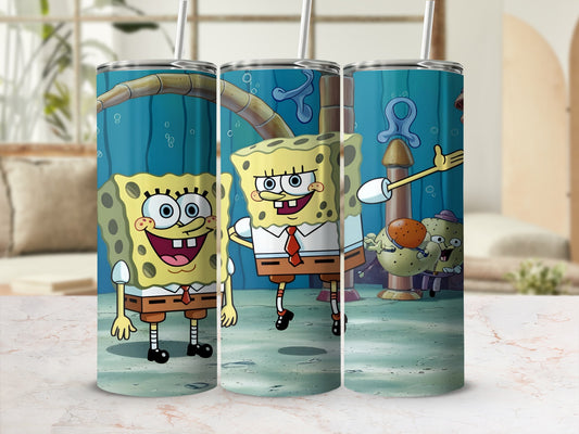 SpongeBob SquarePants characters on a blue tumbler with a white straw.