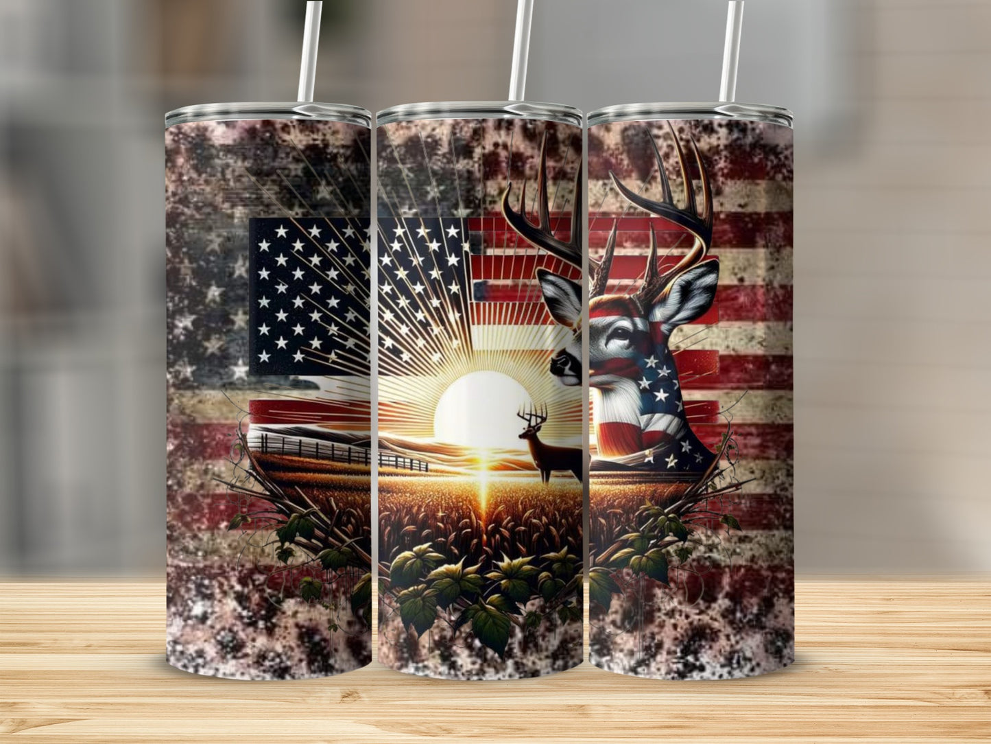 Patriotic Deer and American Flag Sunrise Tumbler