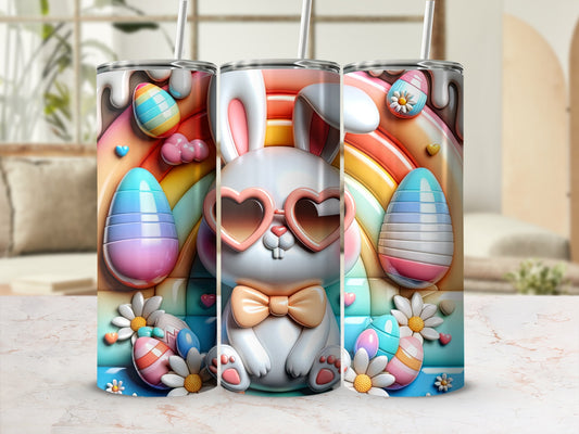Easter bunny with sunglasses and bow tie surrounded by pastel eggs and rainbow.