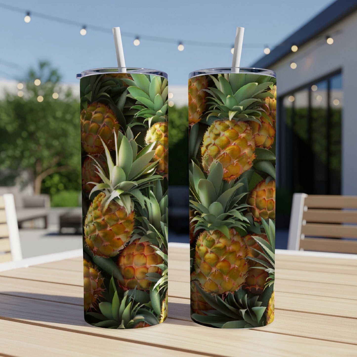 Two tumblers with a repeating pineapple pattern on a wooden table outdoors.