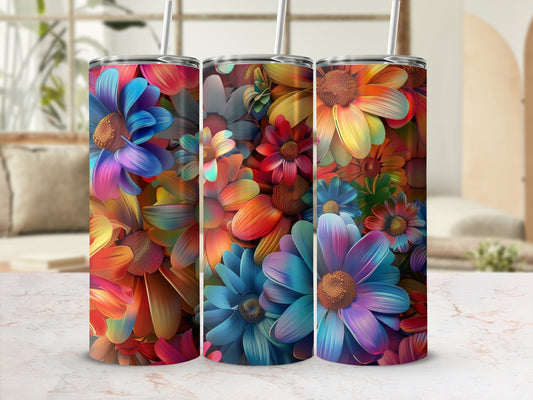 Three tumblers with vibrant, multicolored floral patterns.