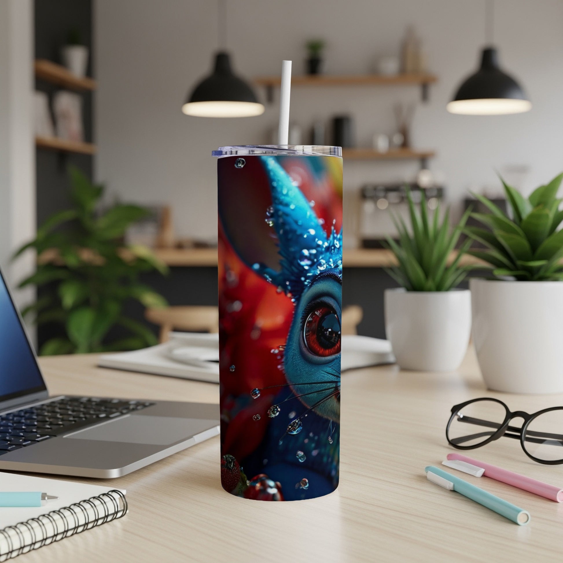 Blue bunny with red eyes and water droplets on a colorful tumbler.