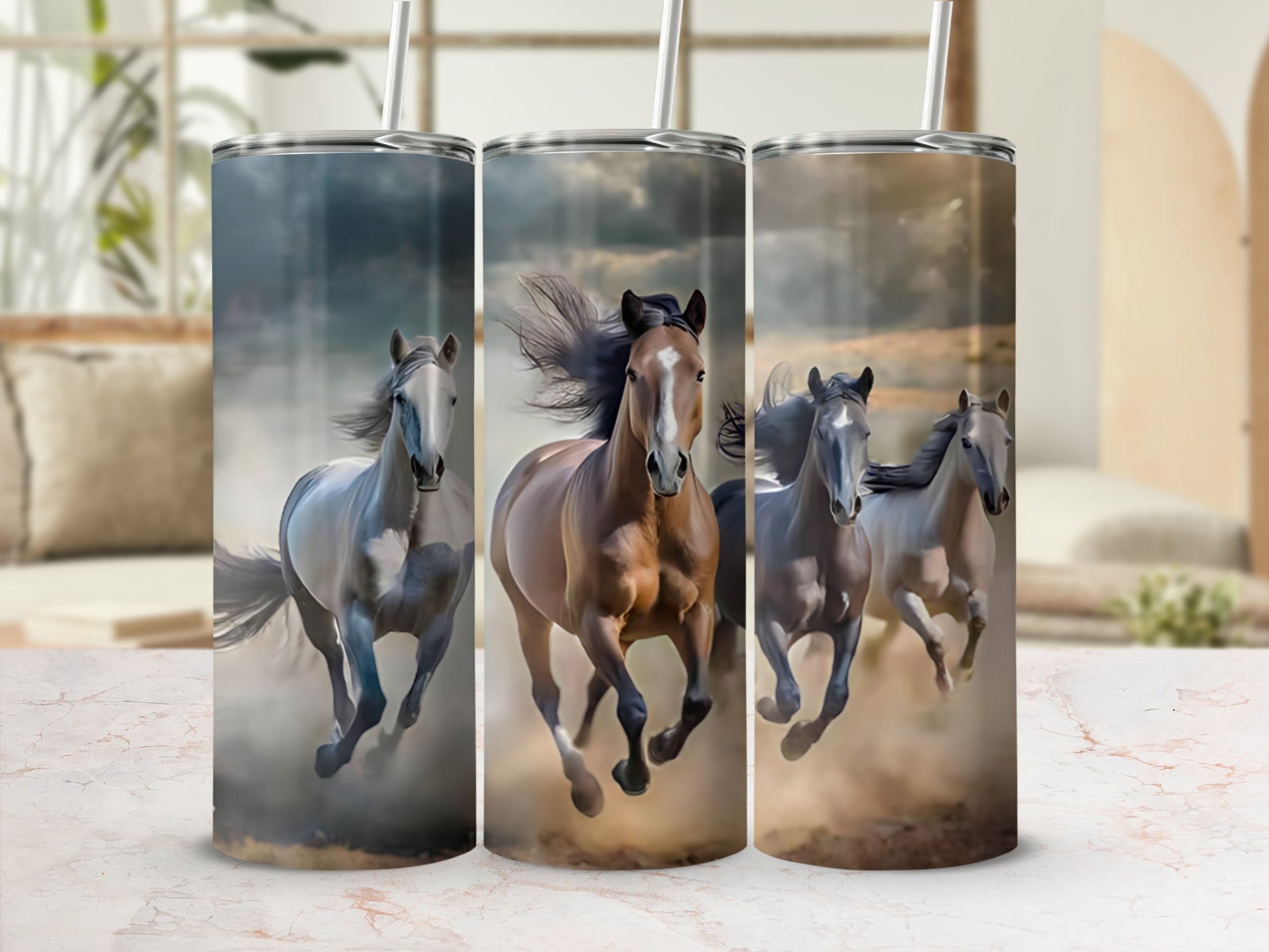 Three horses running in dust, with sunbeams and blurred background.