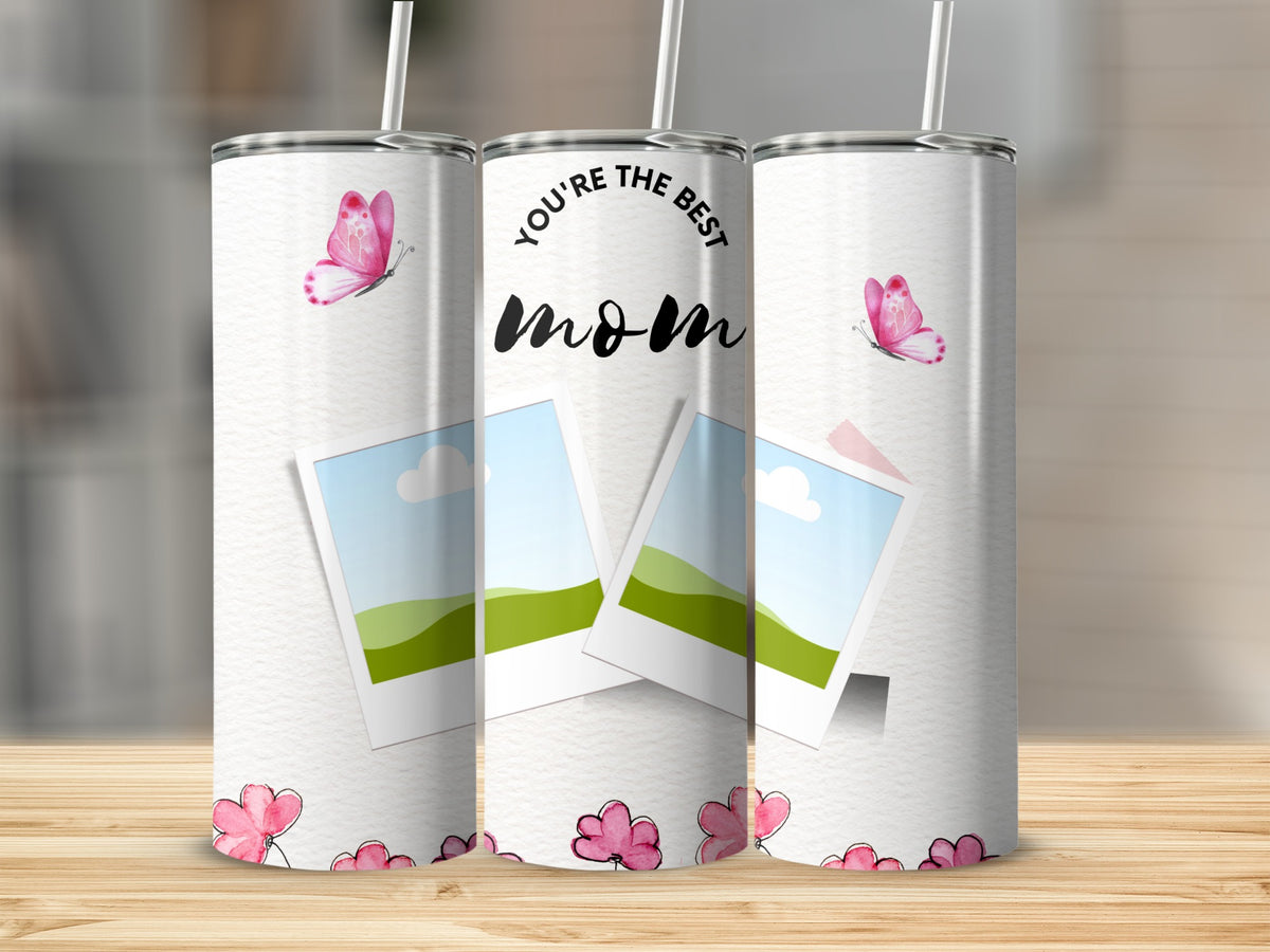 Three tumblers with pink butterflies, photos, and "You're the best mom" text.