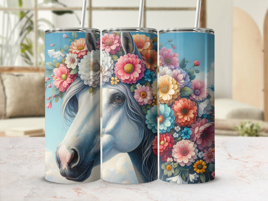 Horse adorned with colorful flowers against a bright sky.