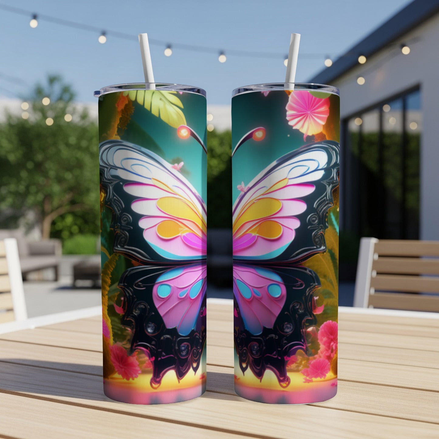 Two tumblers with butterfly wing design on outdoor table.