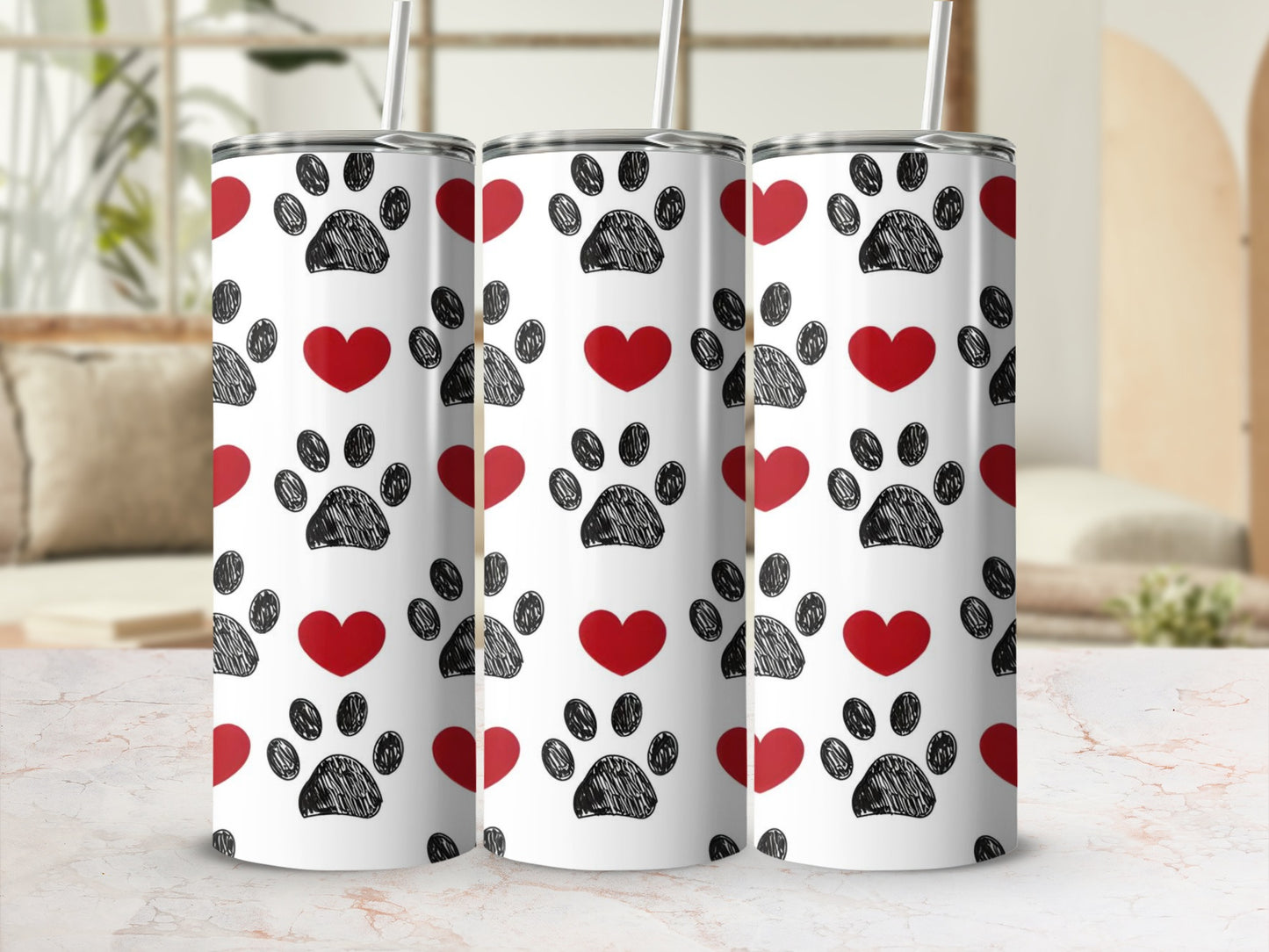 Paw Print and Heart Design Travel Mug with Straw