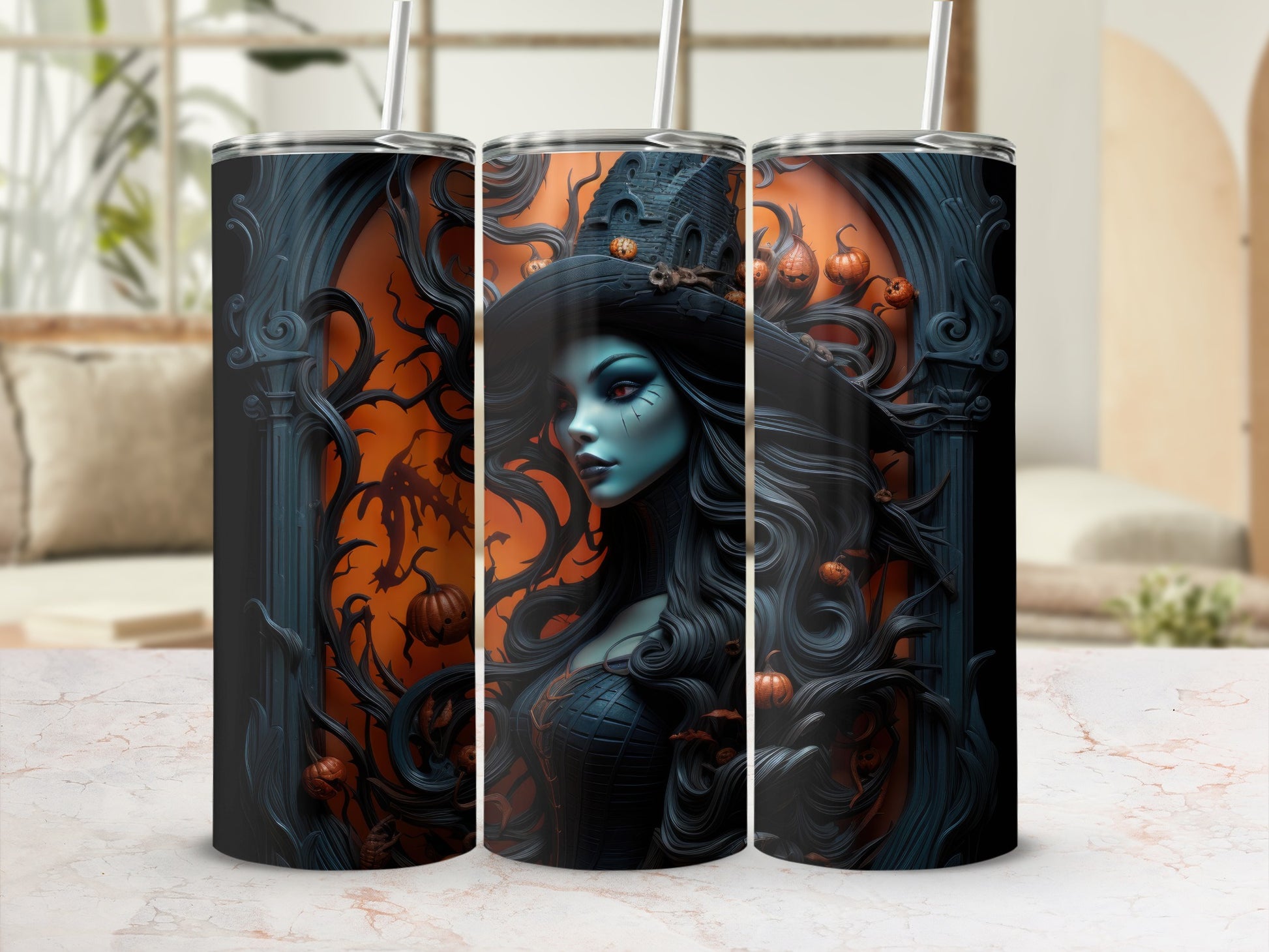 Three tumblers feature a Halloween witch illustration with pumpkins and bats against an orange background.
