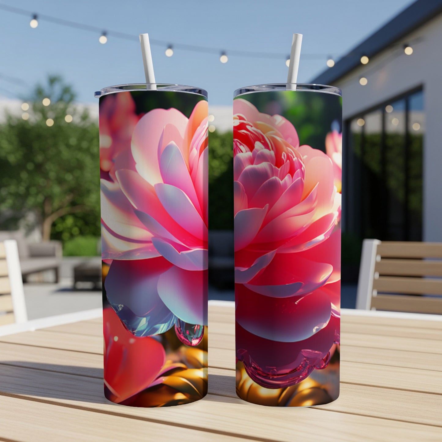 Two tumblers featuring a close-up of a vibrant pink peony with water droplets.