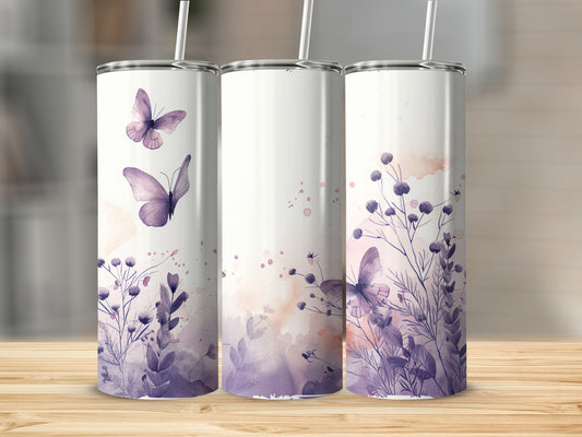 Three tumblers with purple watercolor butterflies and floral designs.