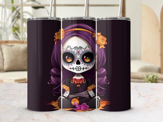 Three tumblers feature a Day of the Dead sugar skull girl with purple hair and yellow roses.