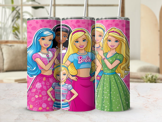 Pink tumbler with Barbie dolls and the text "Barbie".
