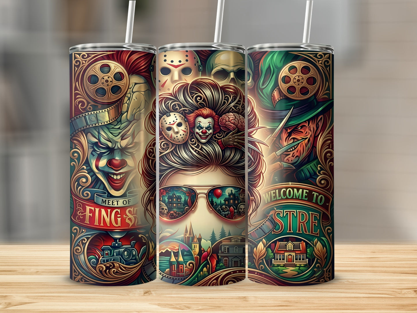 Three tumblers with horror movie characters and scenes, including a clown, Jason, Freddy, and haunted houses.