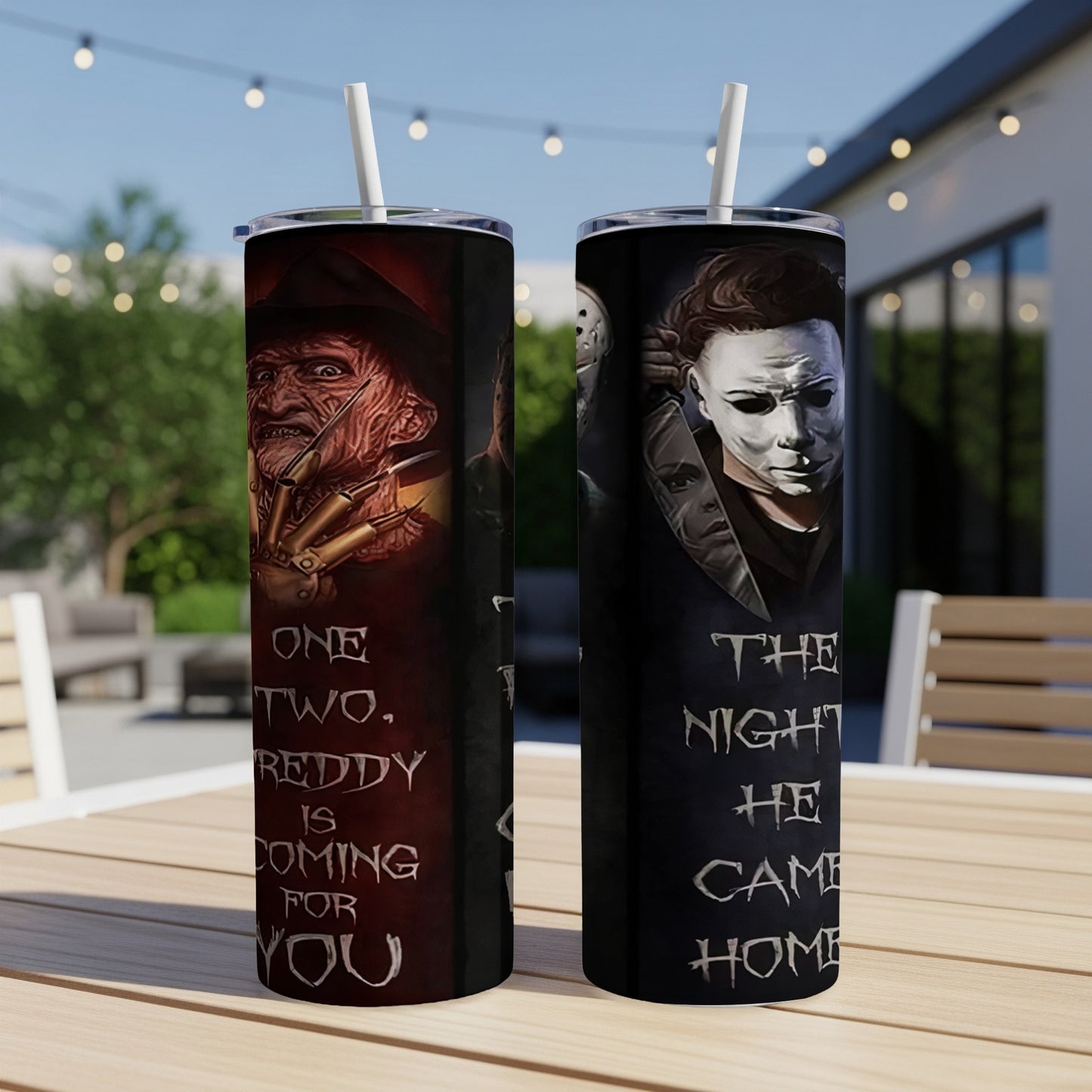 Two tumblers featuring Freddy Krueger and Michael Myers with spooky text.