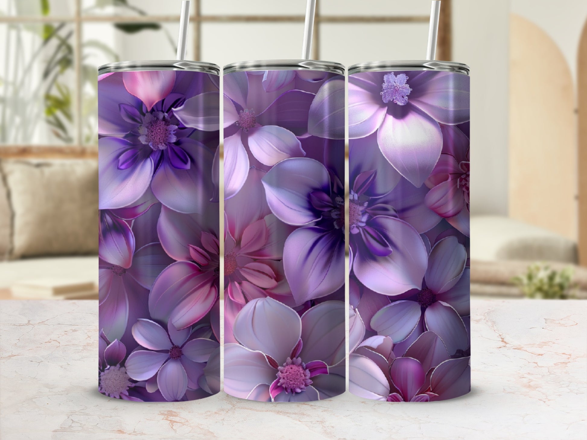 Three tumblers with a purple and pink floral design.