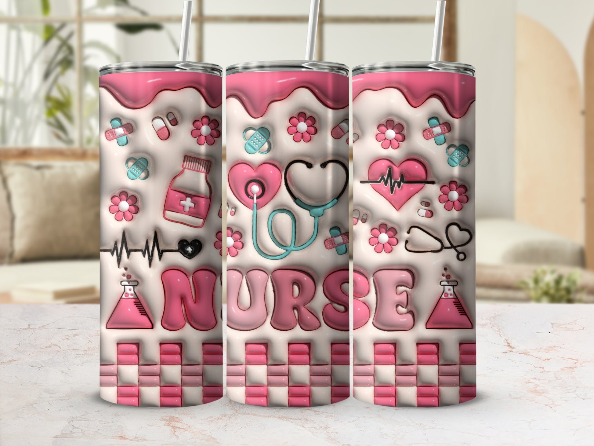 Pink tumbler with "NURSE" text and medical icons like hearts, pills, and stethoscope.