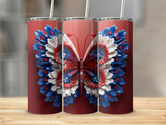 Three red tumblers featuring a patriotic red, white, and blue butterfly design.