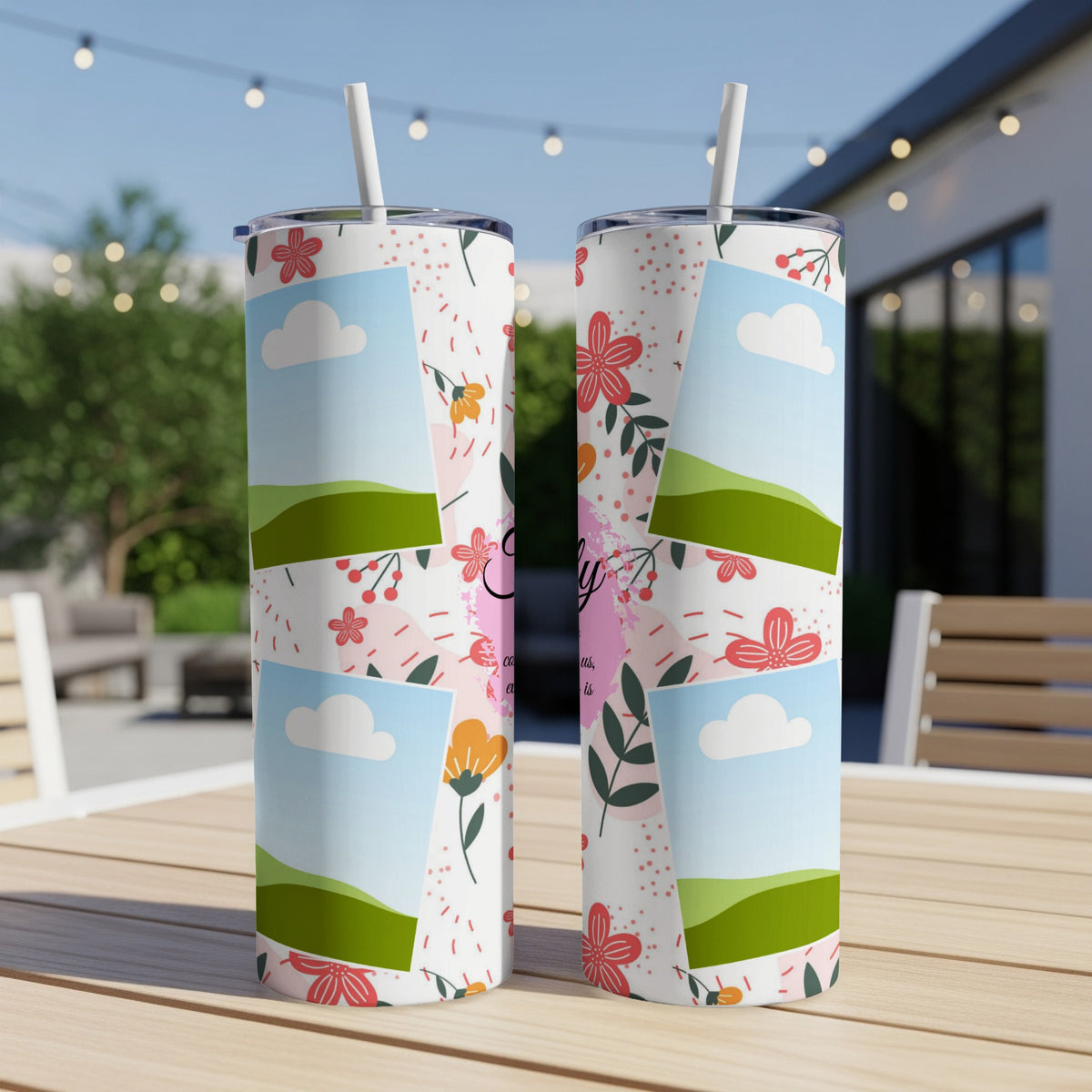 Two tumblers with floral and landscape photo collage designs, one says "Emily".
