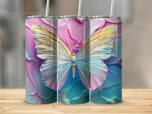 Three tumblers featuring a white butterfly with pastel wings on a marbled pink and blue background.