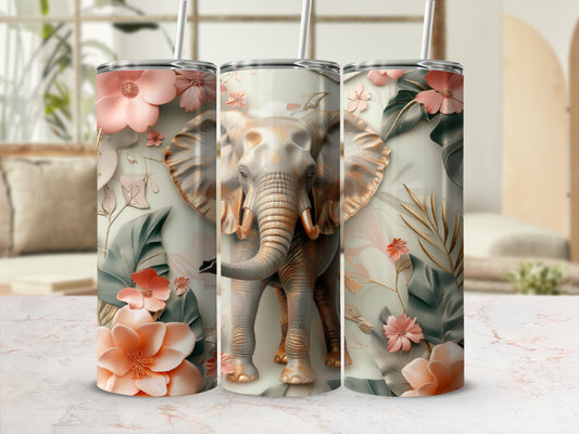 Three tumblers with a golden elephant and floral design.